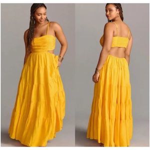 NWT Anthropologie Let Me Be Cutout Tiered Maxi Dress Gold Yellow Sz M Ret. $190